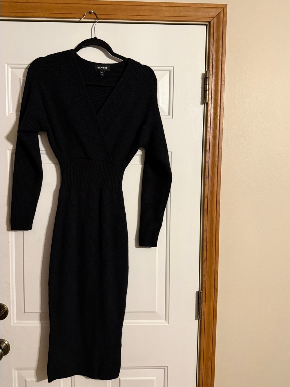 Express Black Ribbed Wrap-Style Midi Sweater Dress